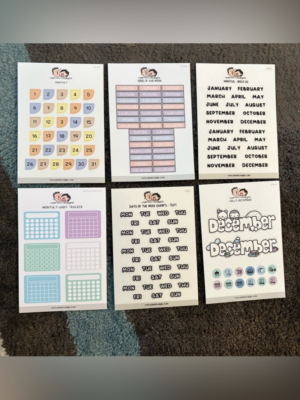 Hubman and Chubgirl 6 sheets of planner stickers days of week date dots habit tr